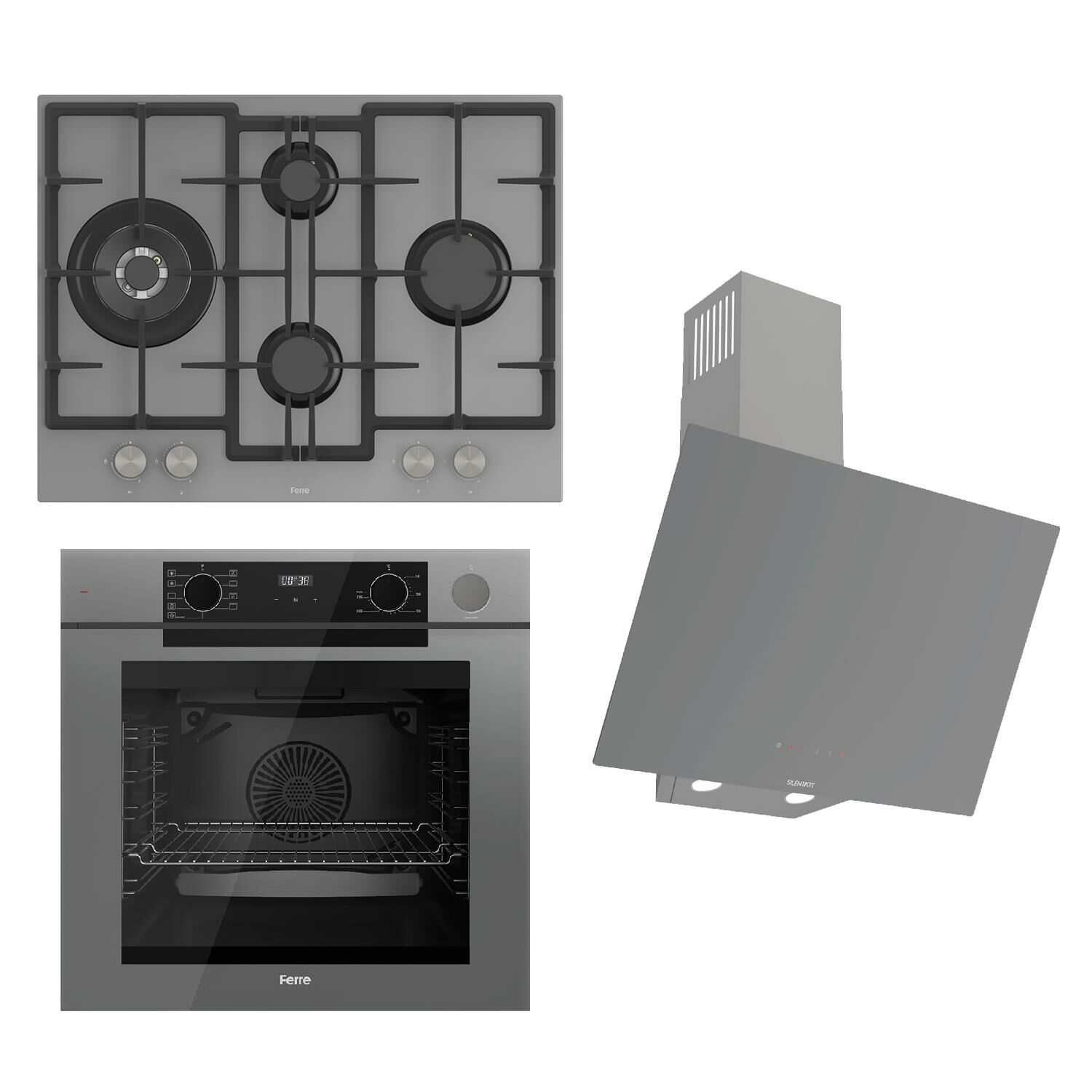 Ferre STEAMART-FRYART-SILENTART Serisi Gri Set (ED078 + QEP64CPR +D079-SA ) - Döküm Izgara / 67 cm Ocak