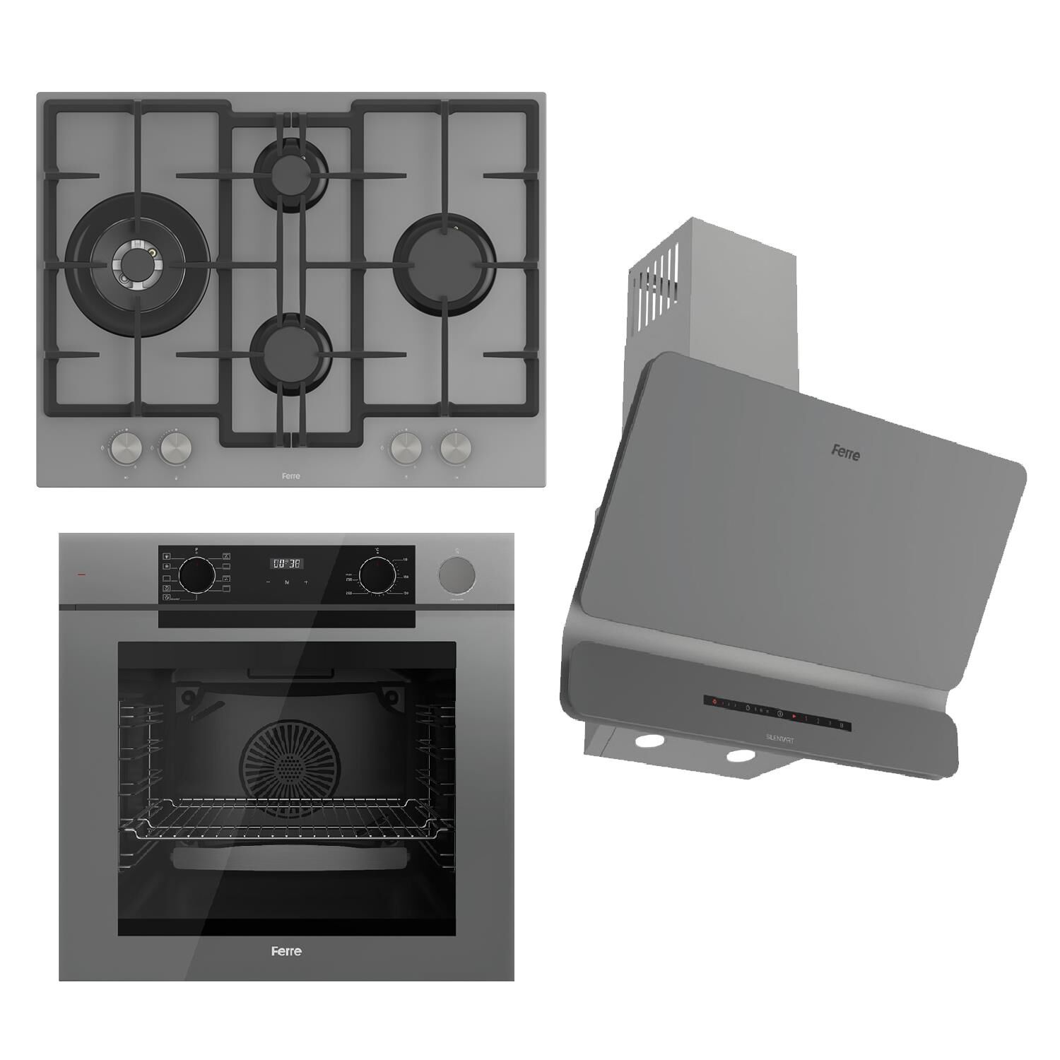 Ferre STEAMART-FRYART-SILENTART Serisi Gri Set (ED078 + QEP64CPR +D082-SA ) - Döküm Izgara / 67 cm Ocak