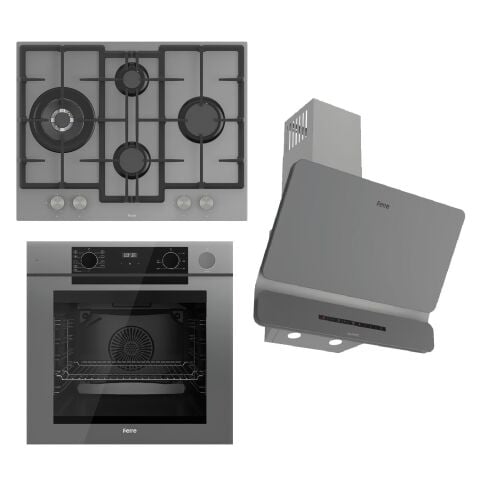 Ferre STEAMART-FRYART-SILENTART Serisi Gri Set (ED078 + QEP64CPR +D082-SA ) - Döküm Izgara / 67 cm Ocak