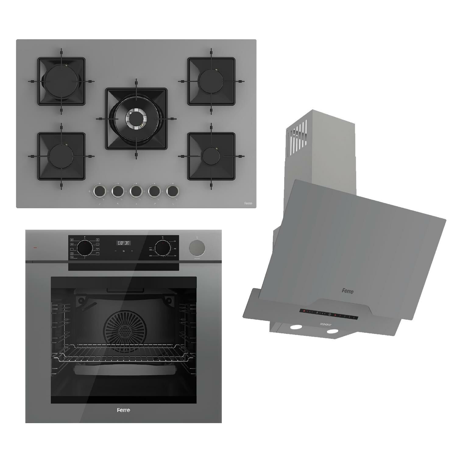 Ferre STEAMART-FRYART-SILENTART Serisi Gri Set (SS038 + QEP64CPR +D065-SA ) - Emaye Izgara / 75 cm Ocak