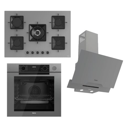 Ferre STEAMART-FRYART-SILENTART Serisi Gri Set (SS038 + QEP64CPR +D065-SA ) - Emaye Izgara / 75 cm Ocak