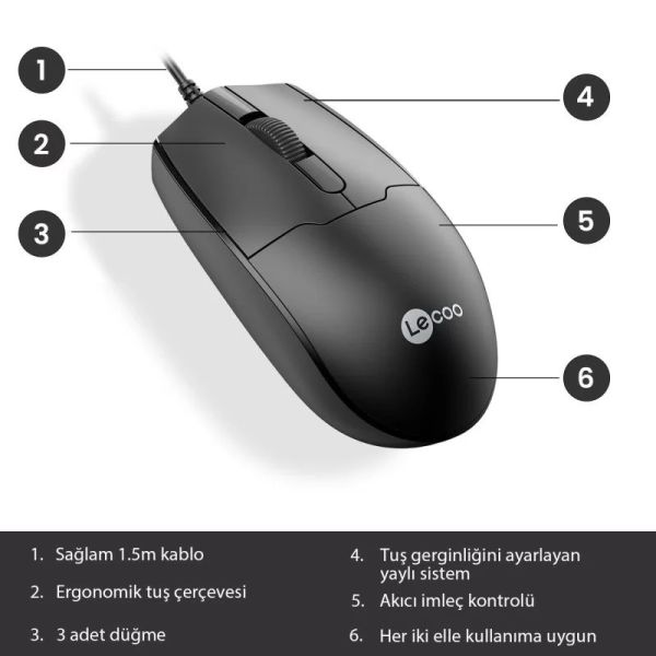 LECOO MS101 KABLOLU 1200 DPI SİYAH MOUSE