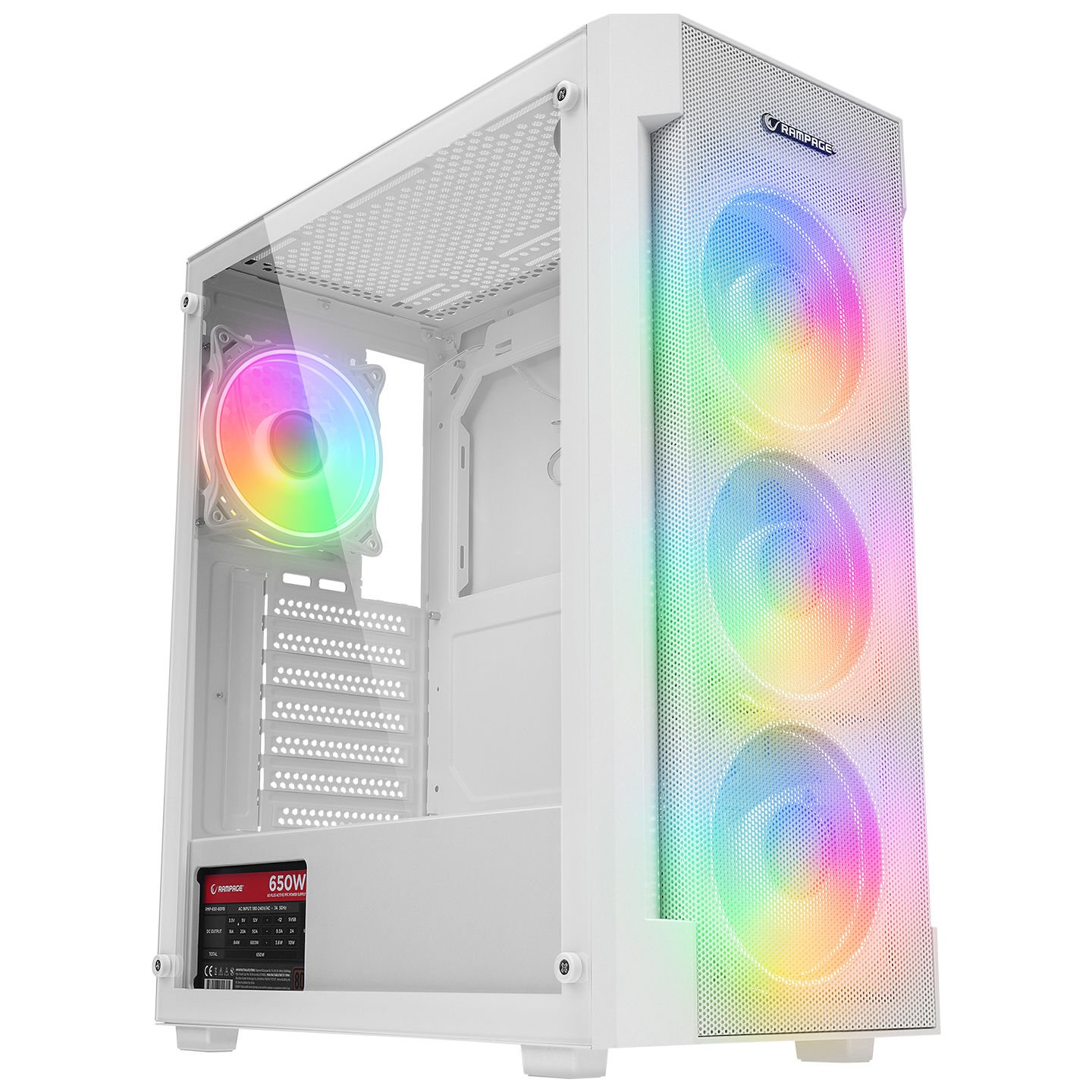 RAMPAGE VIGILANT MESH 650W 80+ BR 4x12CM RGB FAN ATX TEMPERED GLASS 2xUSB2.0/1xUSB3.0 BEYAZ MID TOWER GAMİNG KASA