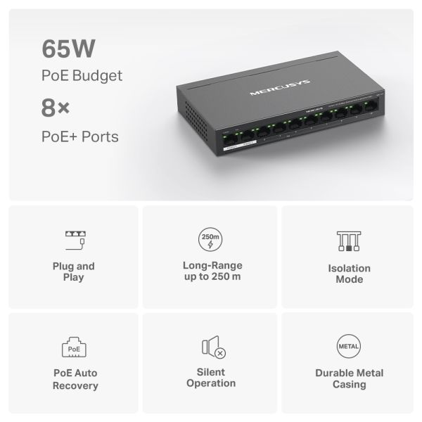 TP-LINK MERCUSYS MS110P 10 PORT 10/100 8 PORT POE+ YONETILEMEZ DESKTOP SWITCH METAL KASA