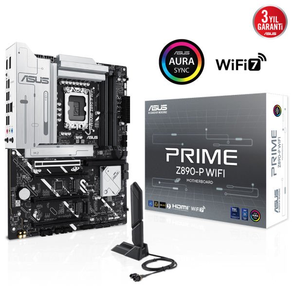ASUS PRIME Z890-P WIFI 4x DDR5 DP/HDMI 4x M.2 1x 2.5GLAN/WIFI7/BT USB4 1851P ANAKART, Intel Z890 LGA1851 DDR5 8400 4x M2 USB4 USB3.2 WiFi7 BT AURA RGB 2.5Gbit LAN ATX 14+1+2+1 Güç Aşamaları, Thunderbolt 4, ASUS GlideX