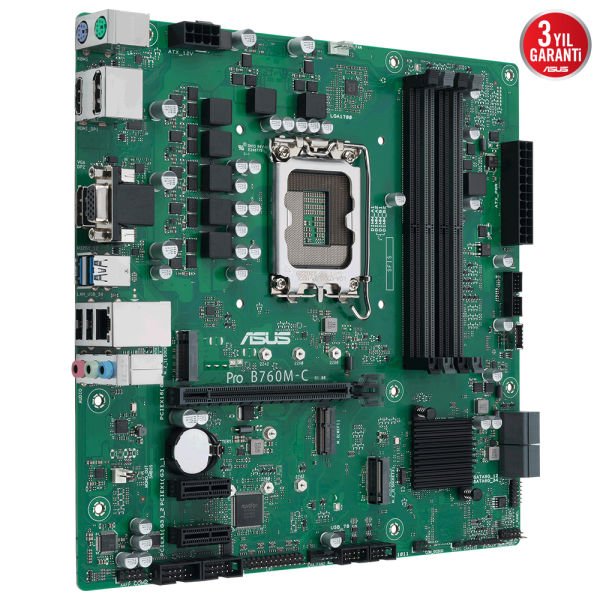ASUS PRO B760M-C-CSM INTEL B760 LGA1700 4xDDR5 6200 2xDP HDMI VGA 2xM2 USB3.2 mATX 1700P (12.Gen 13.Gen) ANAKART, UCRETSIZ UZAKTAN YONETIM YAZILIMI ASUS 5X PROTECTION III