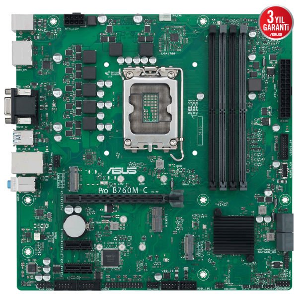 ASUS PRO B760M-C-CSM INTEL B760 LGA1700 4xDDR5 6200 2xDP HDMI VGA 2xM2 USB3.2 mATX 1700P (12.Gen 13.Gen) ANAKART, UCRETSIZ UZAKTAN YONETIM YAZILIMI ASUS 5X PROTECTION III