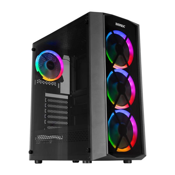 EVEREST FLAT GLASS PSU YOK 4x12CM ARGB FAN ATX PENCERELİ/TEMPERED SİYAH GAMING KASA