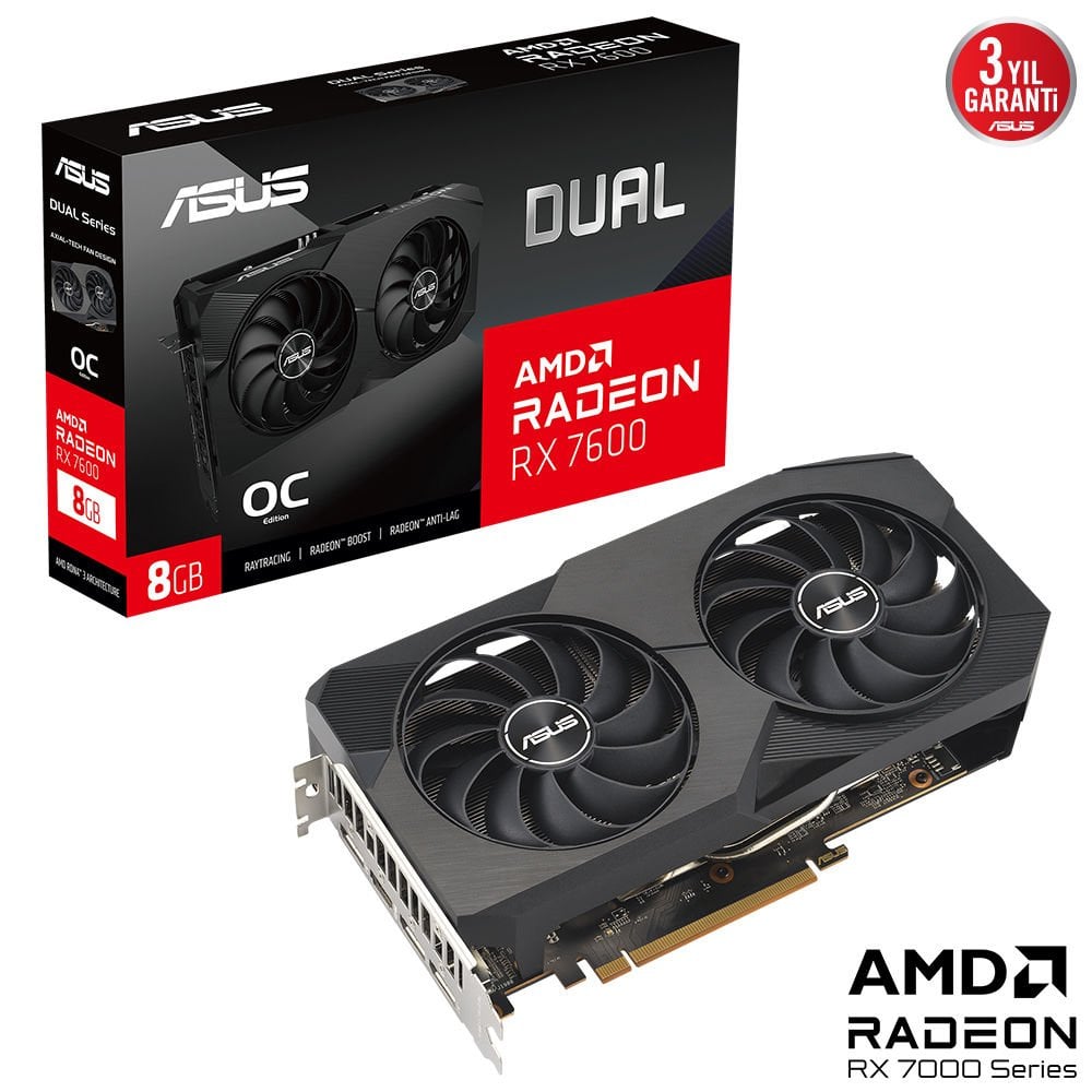 ASUS DUAL-RX7600-O8G RX7600 8GB GDDR6X 128Bit 3xDP/1xHDMI Ekran Kartı