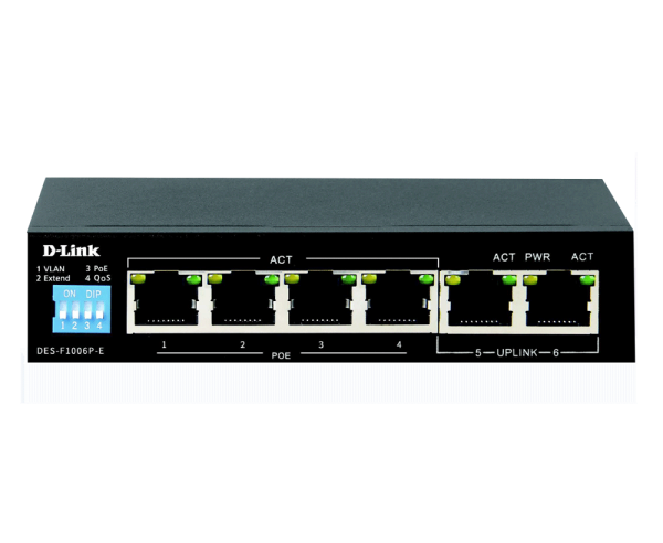 D-Link 6-port 10/100Base-T Unmanaged Long Range 250m PoE+ Surveillance Switch with 4 PoE ports, 60W PoE Power budget  (EU Plug)