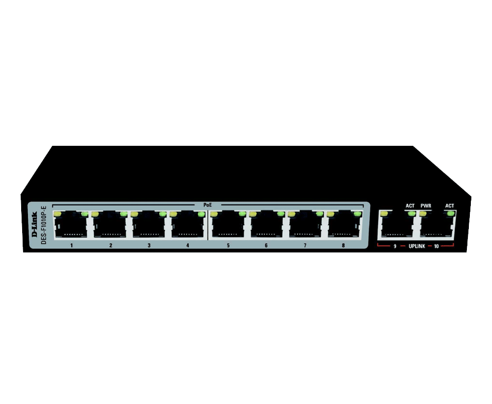 D-Link 10-port 10/100Base-T Unmanaged Long Range 250m PoE+ Surveillance Switch with 8 PoE ports, 96W PoE Power budget  (EU Plug)