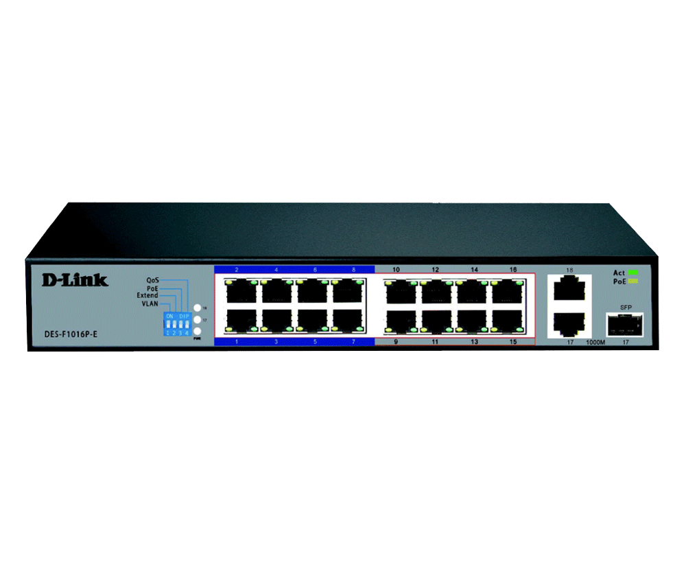 D-Link 16-port 10/100Base-T Unmanaged Long Range 250m PoE+ Surveillance Switch with 16 PoE ports, 1 Gigabit Copper port , 1 Gigabit co
