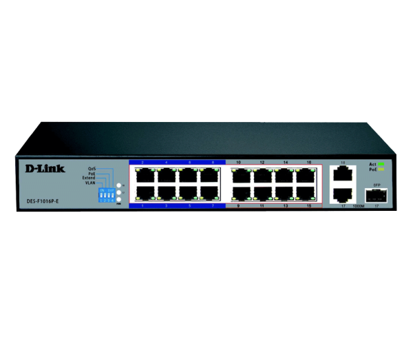 D-Link 16-port 10/100Base-T Unmanaged Long Range 250m PoE+ Surveillance Switch with 16 PoE ports, 1 Gigabit Copper port , 1 Gigabit co