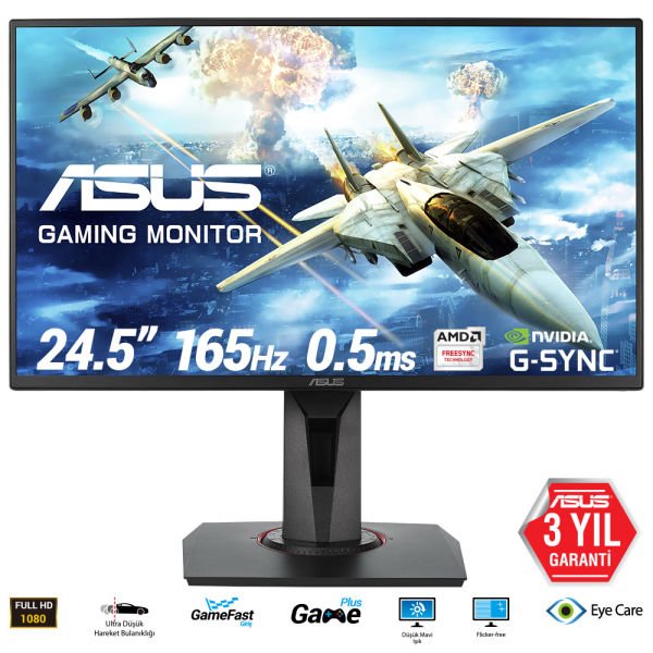 ASUS GAMING LED VG258QR 24.5'' 0.5MS 165HZ 1920x1080 DP HDMI DVI MM FREESYNC VE G-SYNC UYUMLU VESA/PIVOT EYECARE FLICKER-FREE GAMING MONİTÖR