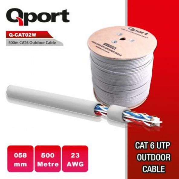 QPORT Q-CATO2W 500MT UTP CAT6 OUTDOOR NETWORK KABLO BEYAZ 23AWG 0.58MM