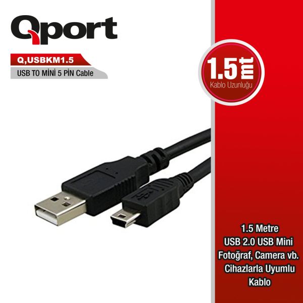 QPORT Q-USBKM1.5 USB 1,5MT GSM MICRO 5-контактный КАБЕЛЬ ДЛЯ КАМЕРЫ/ДАННЫХ/ЗАРЯДКИ, ЧЕРНЫЙ