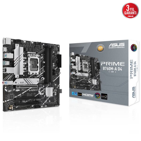 ASUS PRIME B760M-A D4 CSM Intel B760 LGA1700 DDR4 5333 DP HDMI 2x M2 USB3.2 AURA RGB 2.5Gbit LAN mATX ASUS 5X PROTECTION III Armoury Crate AI Suite 3 Asus Control Center Express Hediyelİ