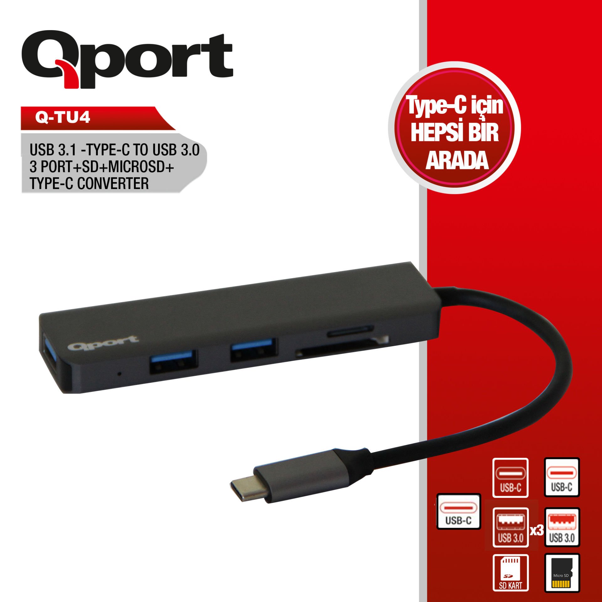 АДАПТЕР-ПРЕОБРАЗОВАТЕЛЬ QPORT Q-TU4 TYPE-C НА 3xUSB3.0+MICROSD