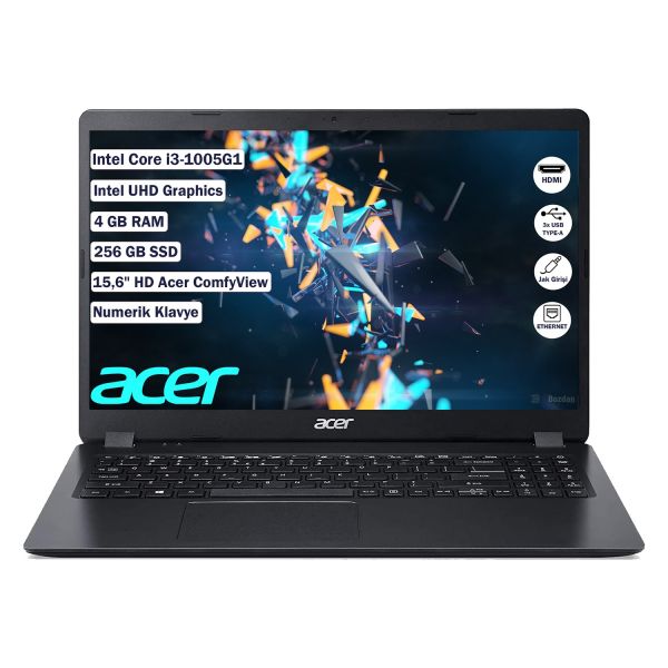 ACER EX215-52 NX.EG8EY.001 I3-1005G1 4GB 256GB SSD O/B VGA 15.6'' FREEDOS SİYAH NOTEBOOK