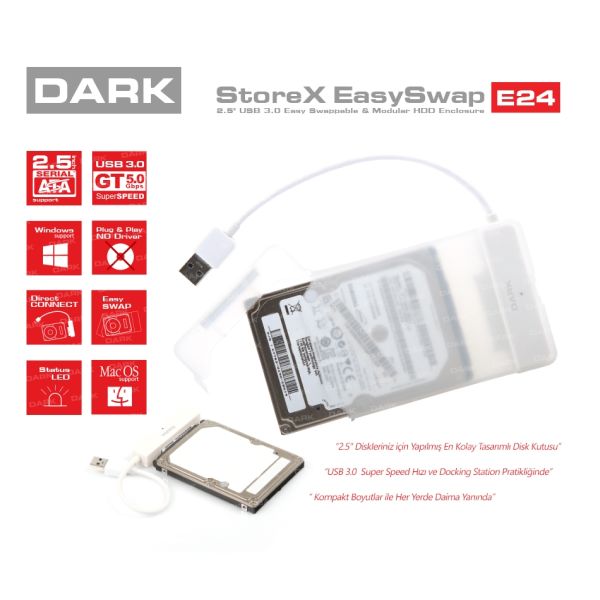 DARK DK-AC-DSE24U3 STOREX E24 2.5'' USB 3.0 SATA ÇIKARILABİLİR BAŞLIKLI ŞEFFAF DİSK KUTUSU
