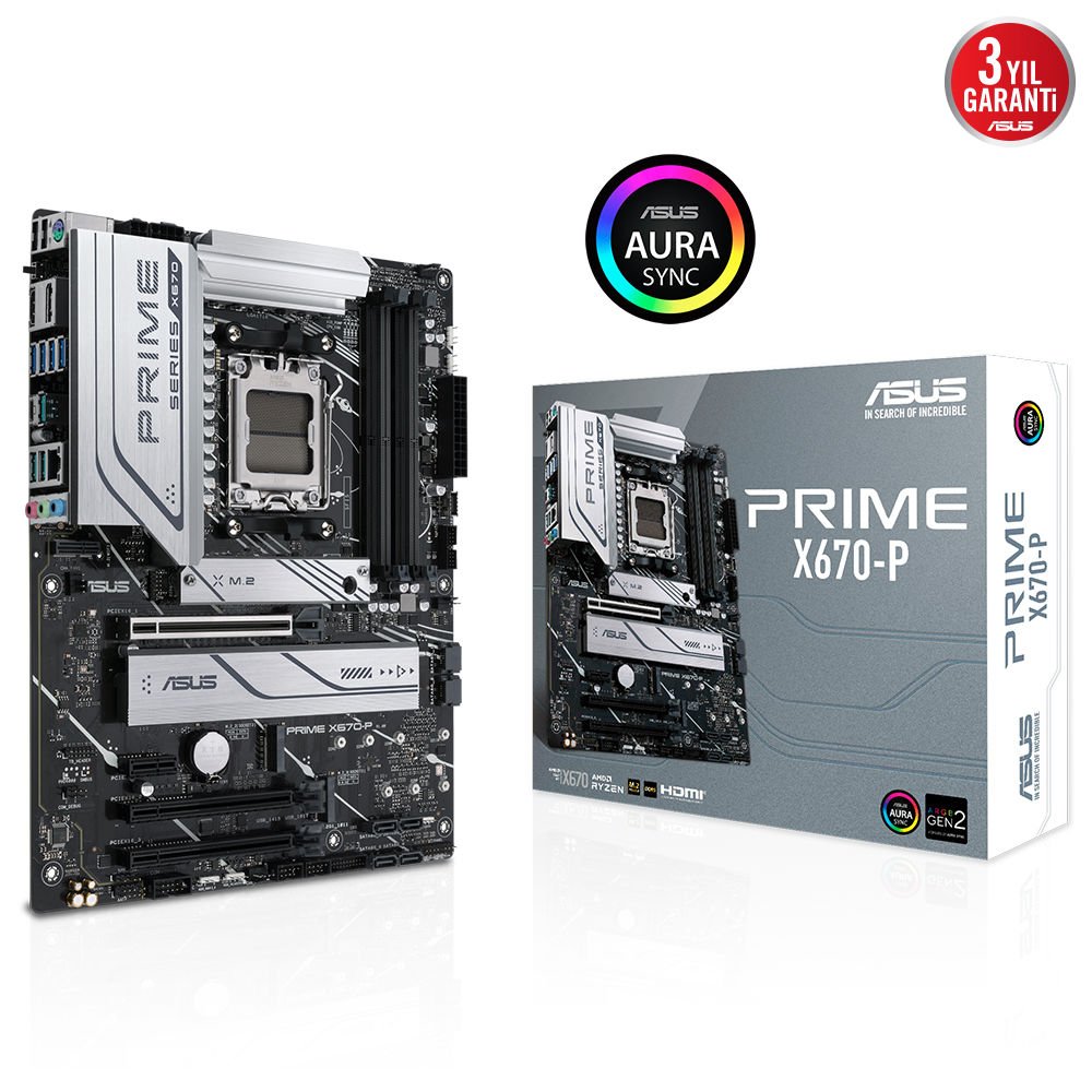 ASUS PRIME X670-P AMD X670 AM5 DDR5 6400 DP/HDMI 3xM2 USB3.2 AURA RGB 2.5GBİT LAN ATX 128GB RAM DESTEĞİ