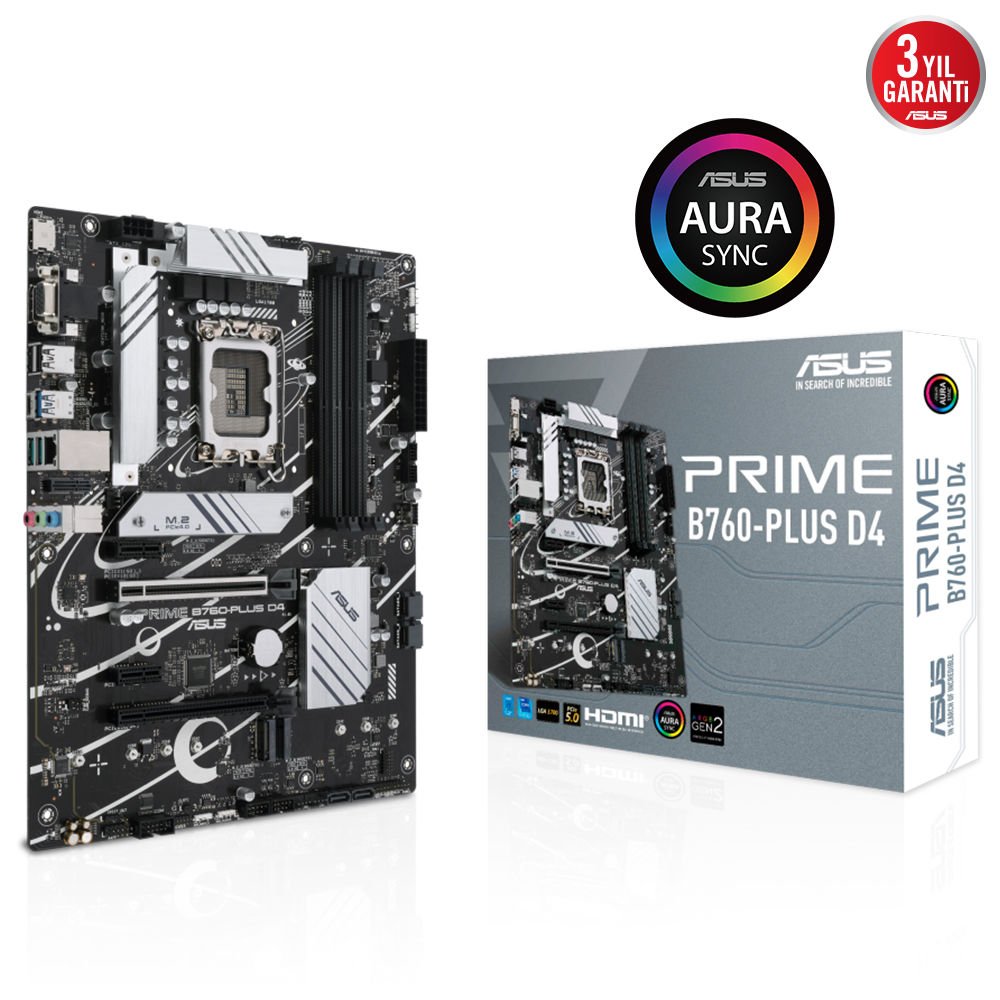 ASUS PRIME B760-PLUS D4 4xDDR4 5066 DP/HDMI/VGA 3xM2 USB3.2 AURA RGB 2.5Gbit LAN ATX 128GB RAM DESTEĞİ 1700P (12.GEN/13.GEN)