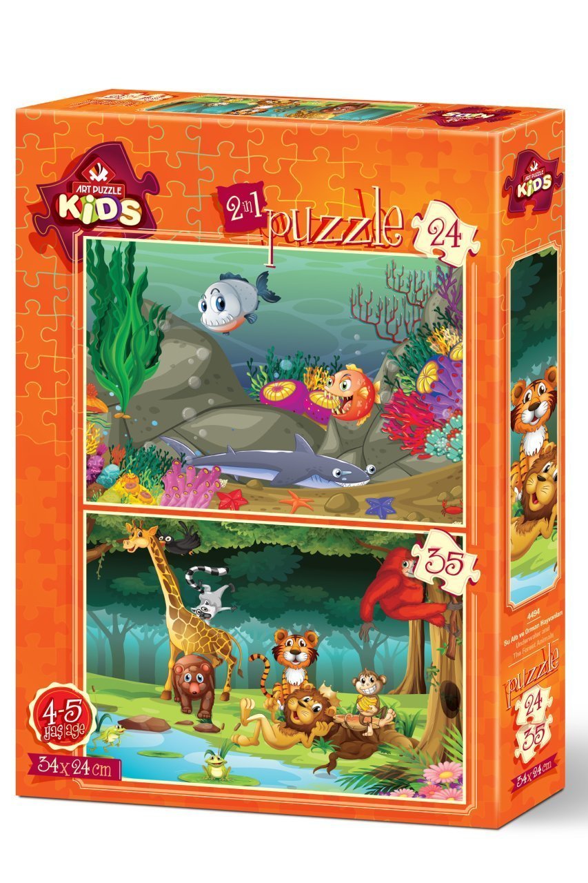 Art Puzzle Su Altı ve Orman Hayvanları 2'li 24+35 Parça Yapboz