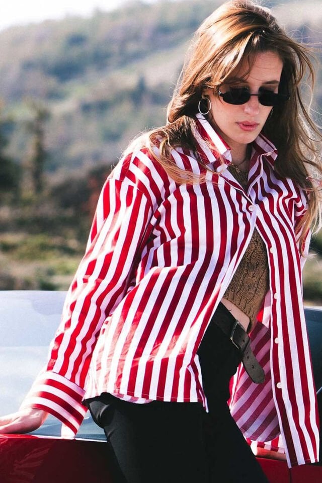 Marinara Women's Oversized Boyfriend Fit Bold Striped Shirt w/ Side Pockets - Red & White