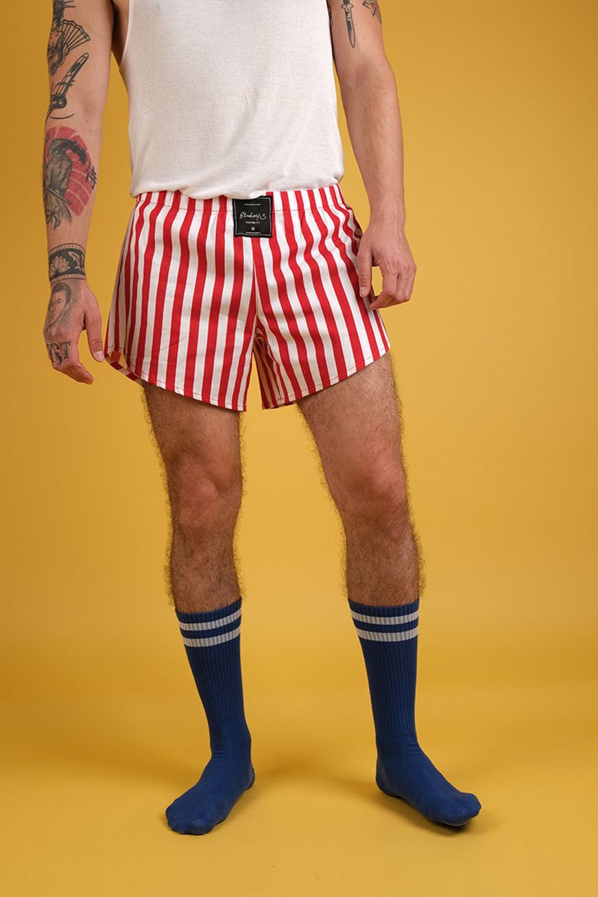 Marinara Unisex 70's Style Bold Striped Boxer Shorts - Red & White