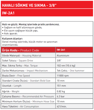 Havalı Sökme ve Sıkma - 3/8'' IW - 2A1