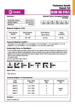 GeKa ELOX SG 316 L Tig Teli 3.2x1000 MM