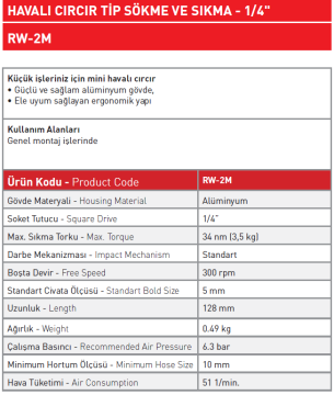 Havalı Cırcır Tip Sökme ve Sıkma - 1/4'' RW - 2M