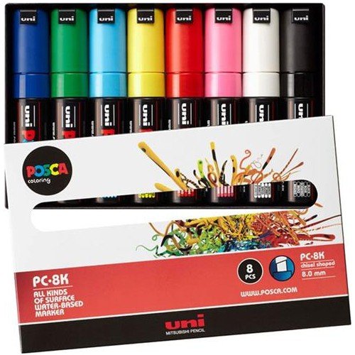 Uni Posca PC-8K Boyama Markörü 8 mm Kesik Uç Ana Renkler 8'li Set