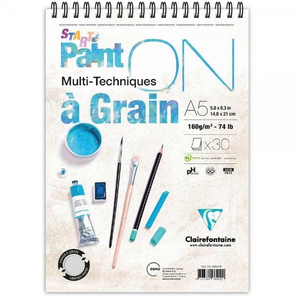 Clairefontaine Paint-On 160gr Çok Amaçlı Spiralli Resim Blok 30 Sayfa A5