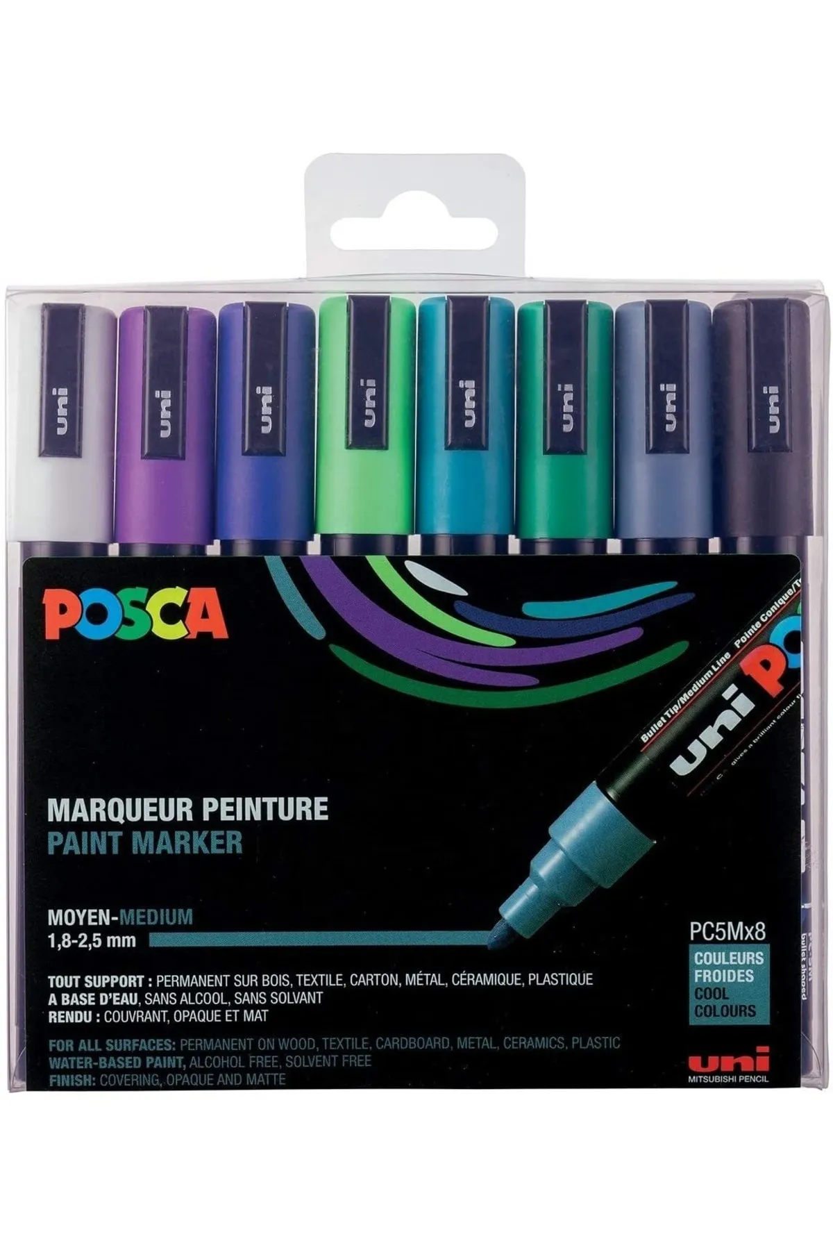 Uni Posca PC-5M Boyama Markörü 1.8-2.5 mm Soğuk Renkler 8'li Set