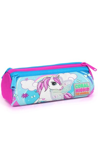 Coral High Kids Mavi Neon Pembe Unicorn Desenli Üç Bölmeli Kalem Çantası 22011