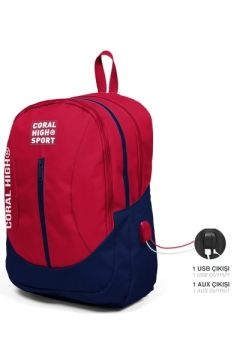 Coral High Sport Kırmızı Lacivert Dört Bölmeli USB Şarjlı Kulaklık Çıkışlı Sırt Çantası 23447