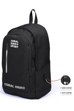 Coral High Sport Siyah Üç Bölmeli USB Şarjlı Kulaklık Çıkışlı Sırt Çantası 23231