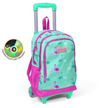 Coral High Kids Su Yeşili Neon Pembe Flamingo Desenli Üç Bölmeli Çekçekli Okul Sırt Çantası 23131