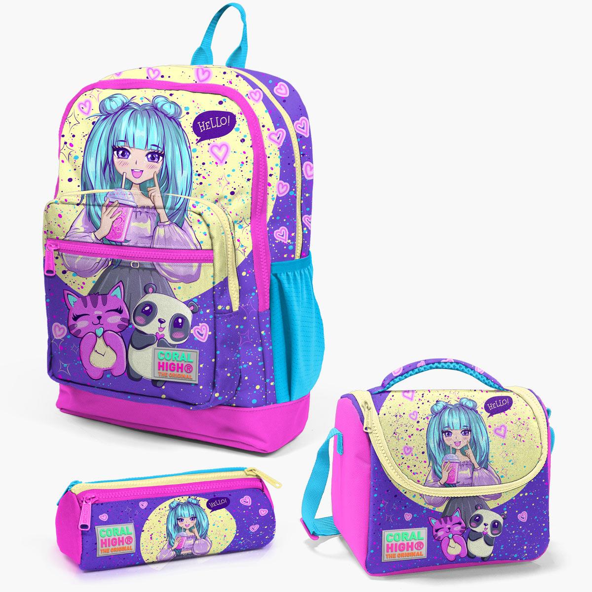 Coral High Kids Mor Pembe Anime Kız Desenli 3’lü Okul Çanta Seti SET0123735