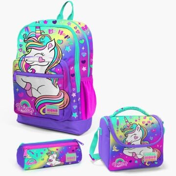 Coral High Kids Lavanta Su Yeşili Unicorn Desenli 3’lü Okul Çanta Seti SET0123729