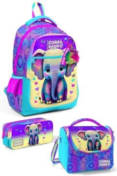 Coral High Kids Pembe Turkuaz Fil Desenli 3’lü Okul Çanta Seti SET0123650