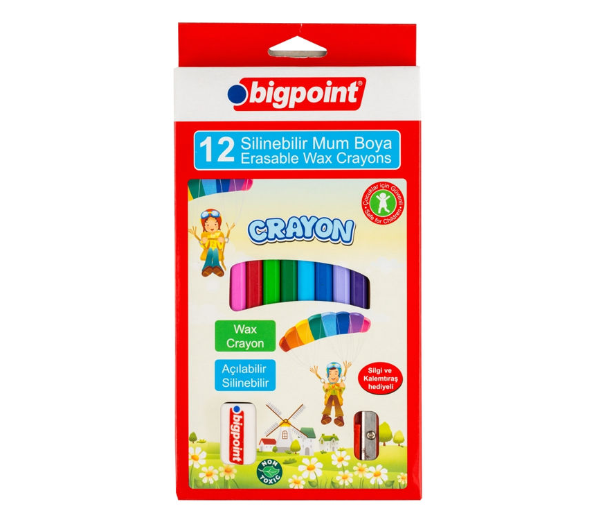 Bigpoint Silinebilir Pastel Mum Boya 12 Renk Silgi+Kalemtraş Hediyeli