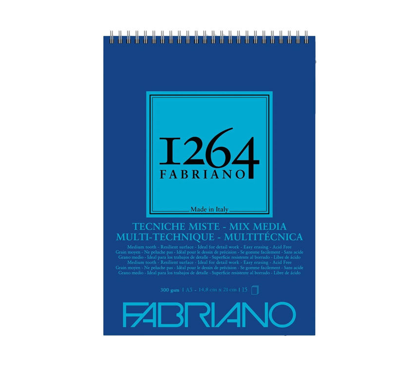 Fabriano 1264 Mix Media Çok Amaçlı Defter 300 gr A5 15 yp Üstten Spiralli