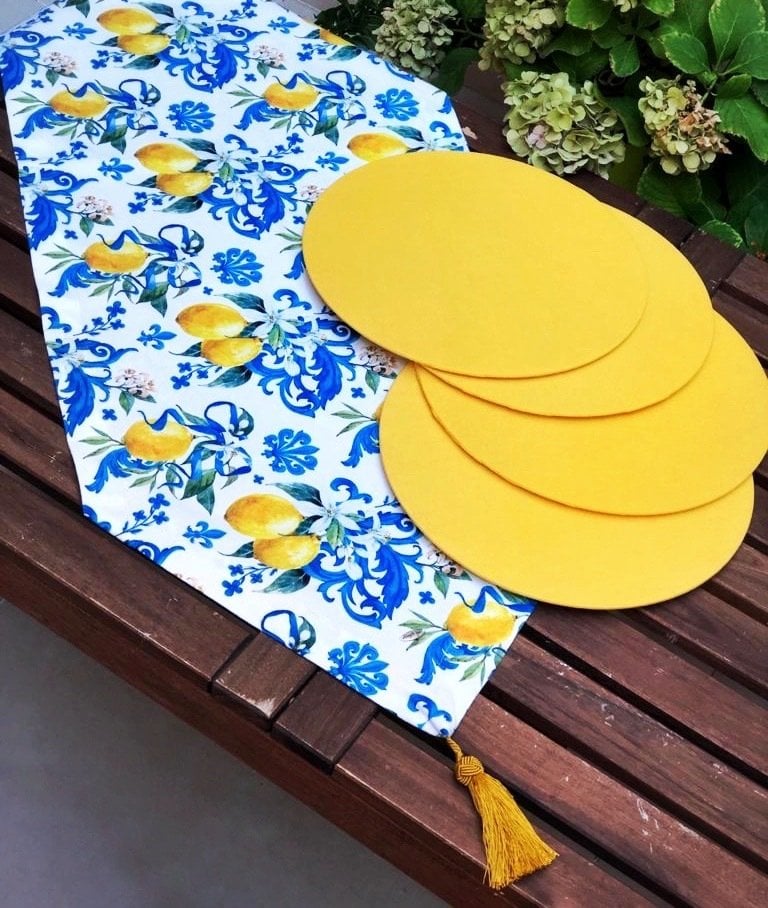 Barok Limon Desenli Runner + 4 Adet Sarı Supla