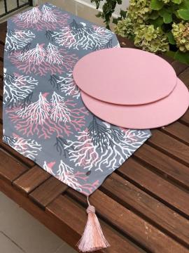 Gri Pembe Mercan Desenli Runner + 2 Adet Pembe Supla