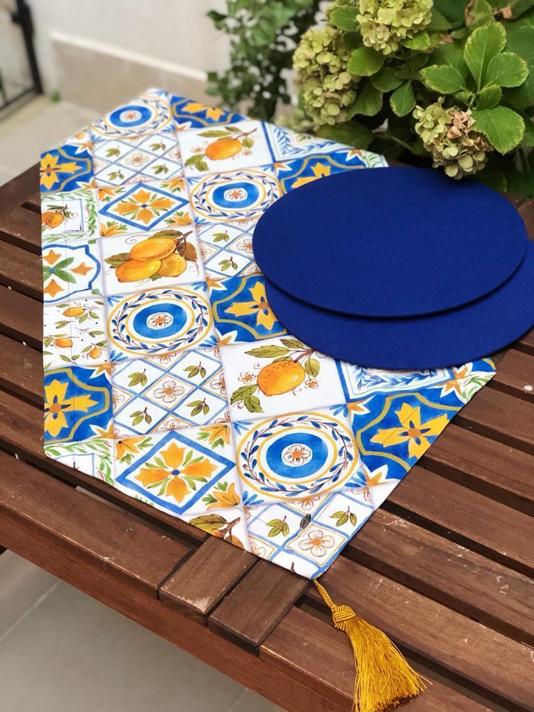Limon Seramik Desenli Runner + 2 Adet Mavi Supa
