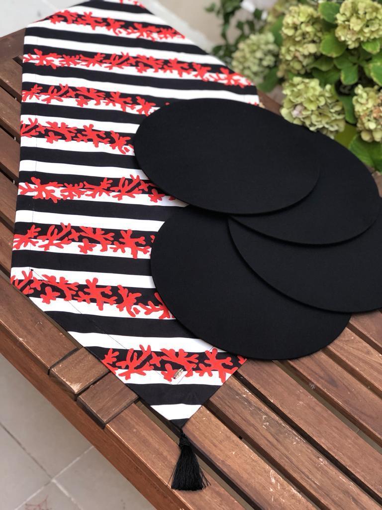 Siyah Beyaz Çizgili Kırmızı Mercan Desenli Runner + 4 Adet Supla