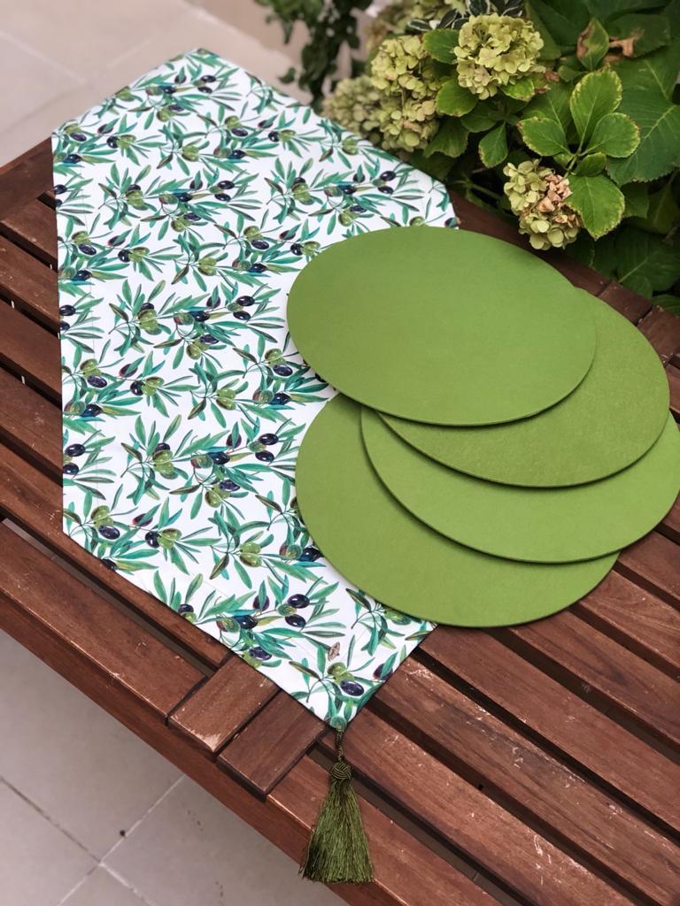Zeytin Desenli Runner + 4 Adet Yeşil Supla