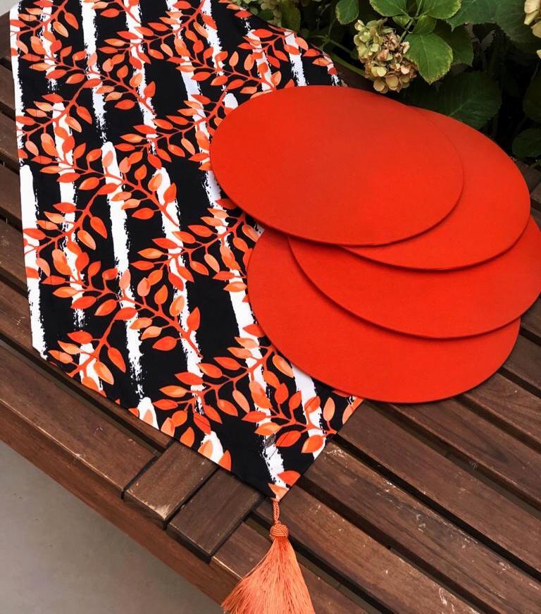 Sonbahar Yaprak Desenli Runner + 4 Adet Turuncu Supla